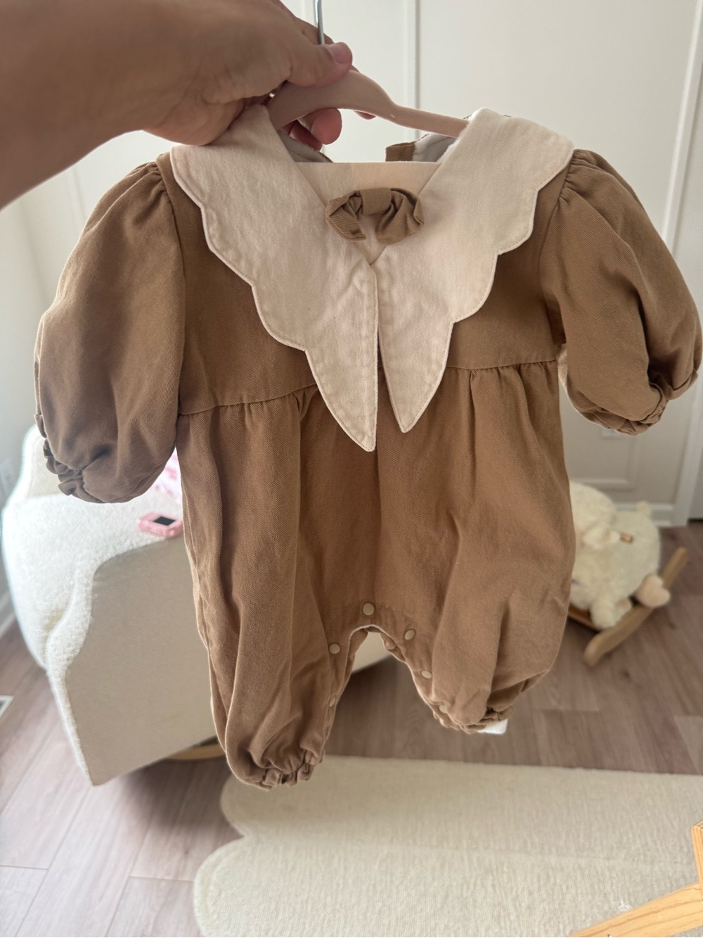 SHEIN Brown One-Piece Footie with White Scalloped Collar